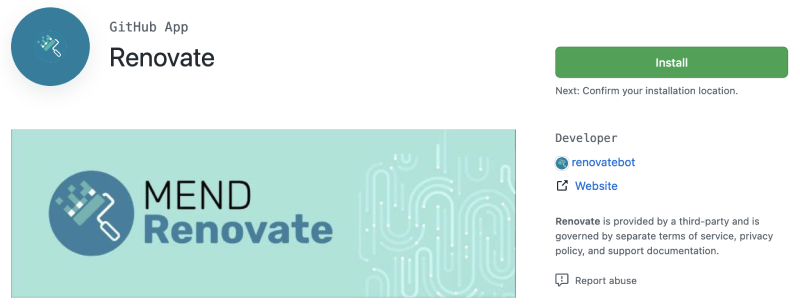 The Mend Renovate App install button