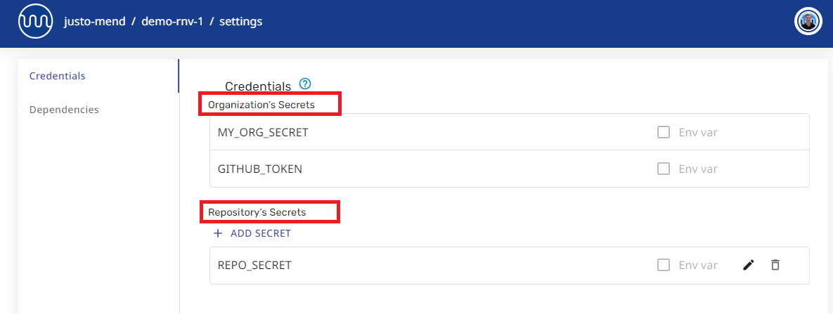 Organization and repository secrets on the credentials settings page